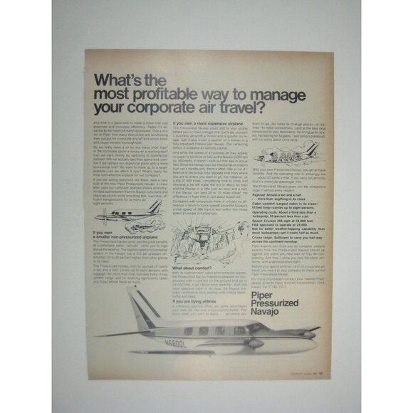 Vintage Piper Pressurized Navajo Corporate Air Travel Advertisement Print 1971 - Picture 1 of 2